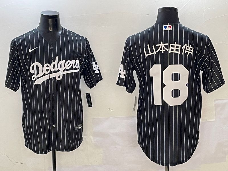 Men Los Angeles Dodgers #18 Yamamoto Black Stripe Jointly Name 2025 Nike MLB Jersey style 16